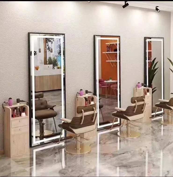 Hair Salon Stations Mirror Barber Salon Furniture Barber Styling Mirror Stations Makeup Salon Mirror with LED