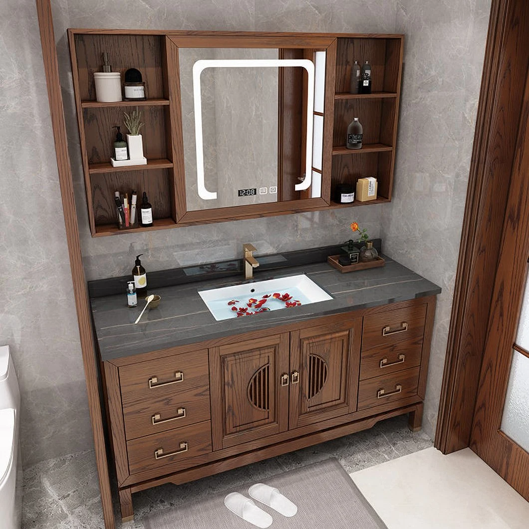 Chinese Style Luxury Floor Wooden Bathroom Cabinet Marble Double Sink Vanity Cabinet