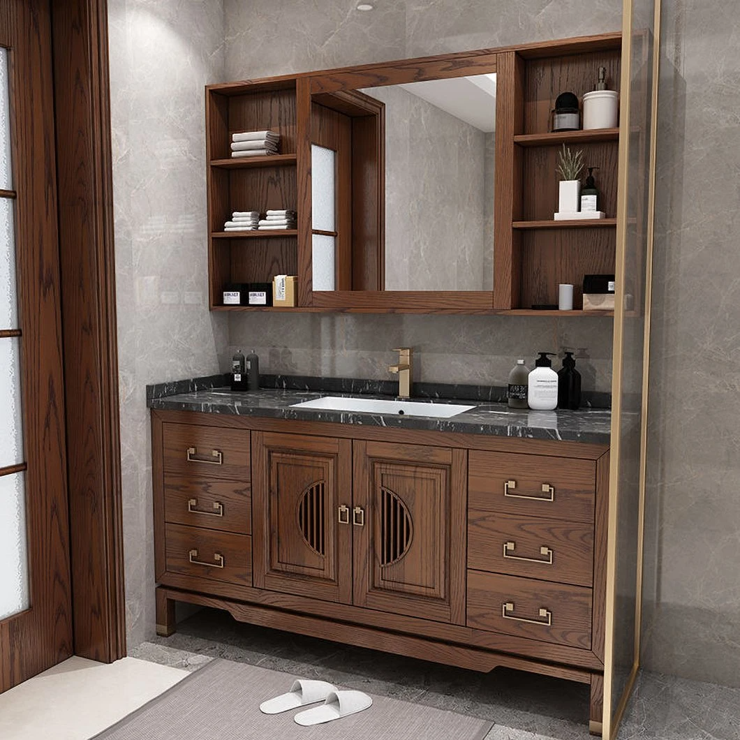 Chinese Style Luxury Floor Wooden Bathroom Cabinet Marble Double Sink Vanity Cabinet