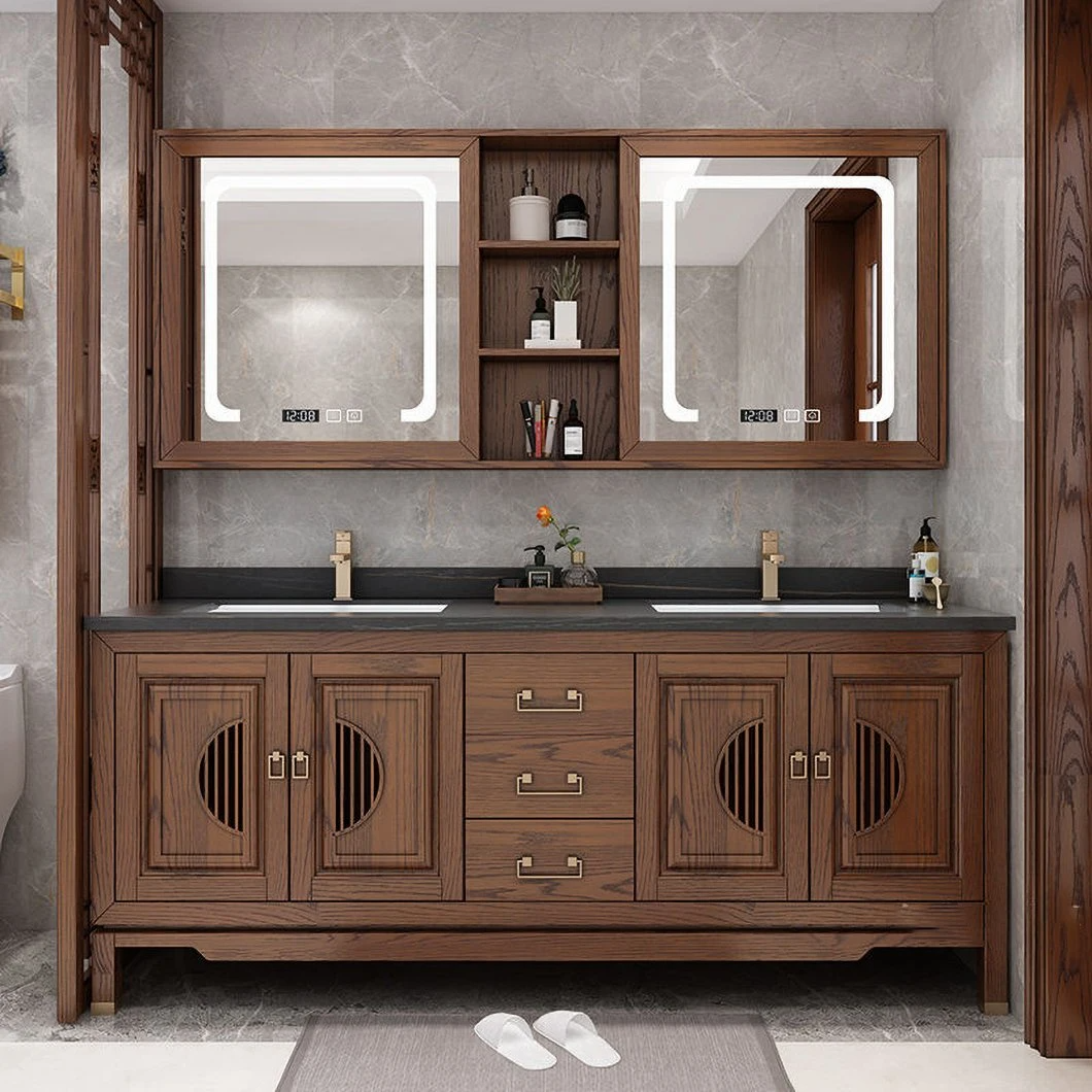 Chinese Style Luxury Floor Wooden Bathroom Cabinet Marble Double Sink Vanity Cabinet