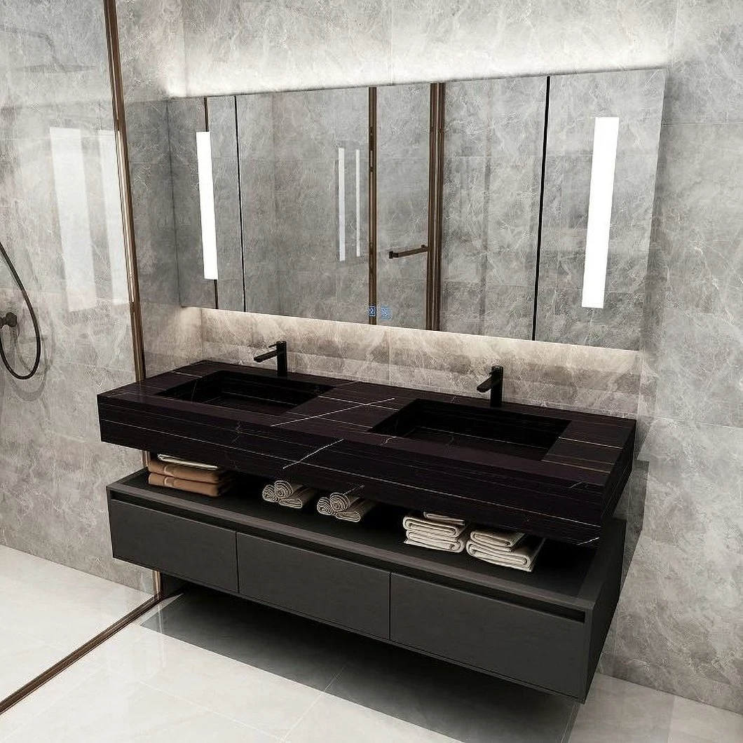 Double Sink Marble Bathroom Cabinet Set Modern Bathroom Black Waterproof Storage Cabinet Dressing Cabinet