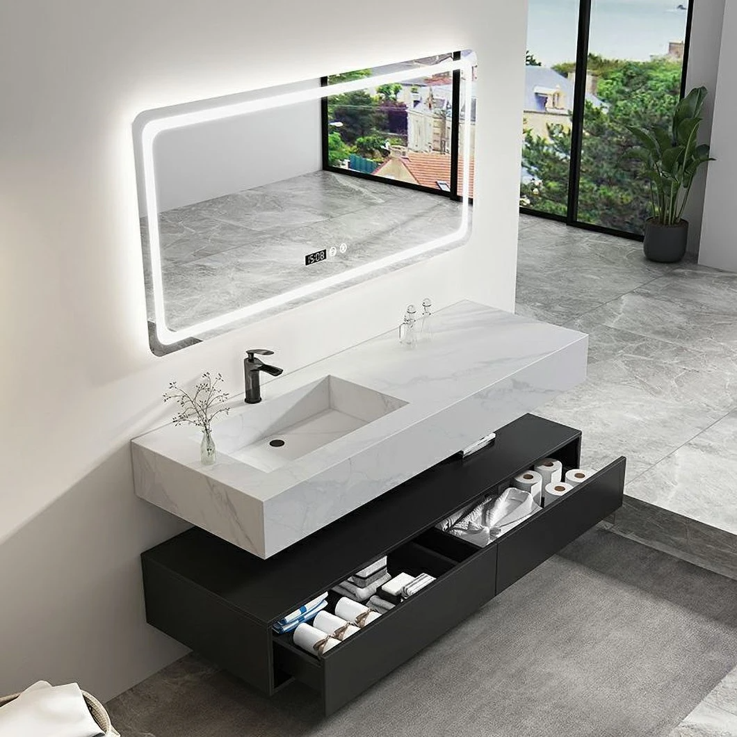 Double Sink Marble Bathroom Cabinet Set Modern Bathroom Black Waterproof Storage Cabinet Dressing Cabinet