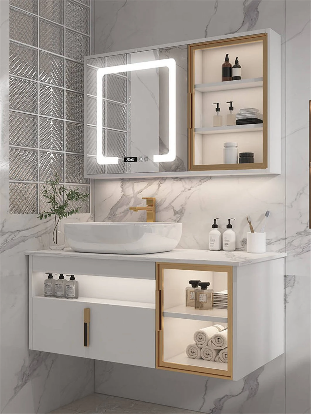 Hotel Modern Bathroom Double Sink Vanity Waterproof Wooden Bathroom Cabinet with Smart Mirror Cabinet