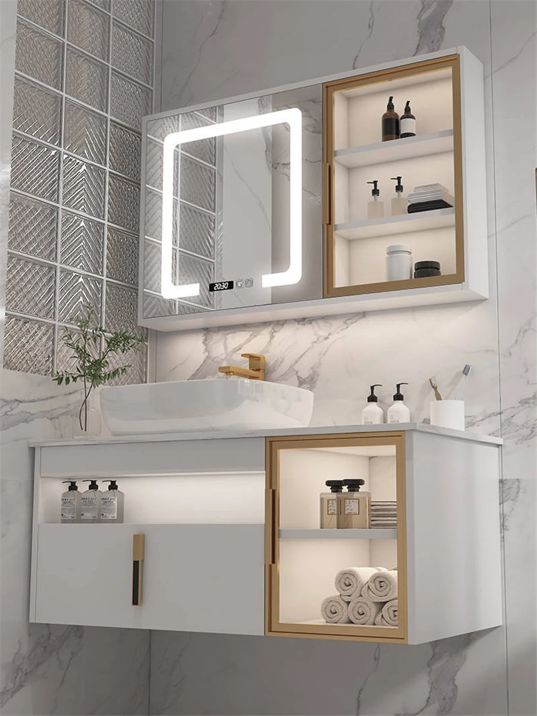 Hotel Modern Bathroom Double Sink Vanity Waterproof Wooden Bathroom Cabinet with Smart Mirror Cabinet