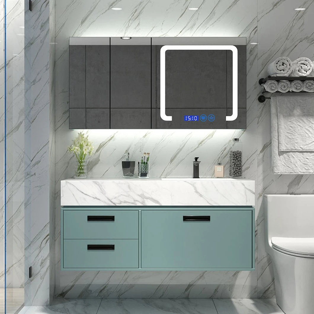 Luxury Blue Bathroom Floating Double Sink Set Modern Waterproof Bathroom Storage Cabinet with Smart Mirror Cabinet