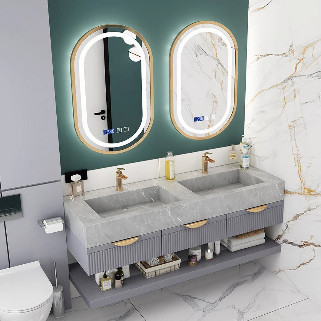 Luxury Marble Bathroom Double Sink Cabinet Aluminum Bathroom Cabinet Set with Mirror Cabinet