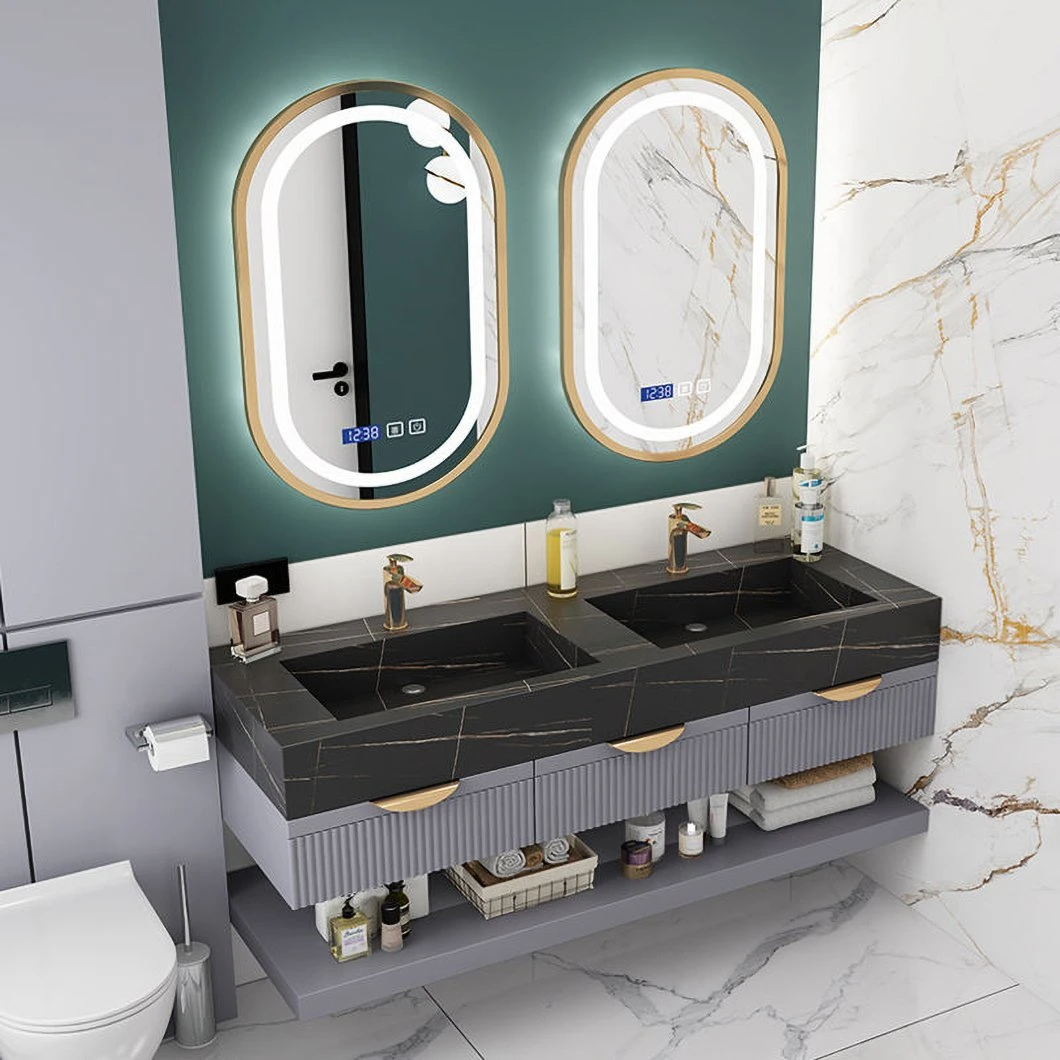 Luxury Marble Bathroom Double Sink Cabinet Aluminum Bathroom Cabinet Set with Mirror Cabinet