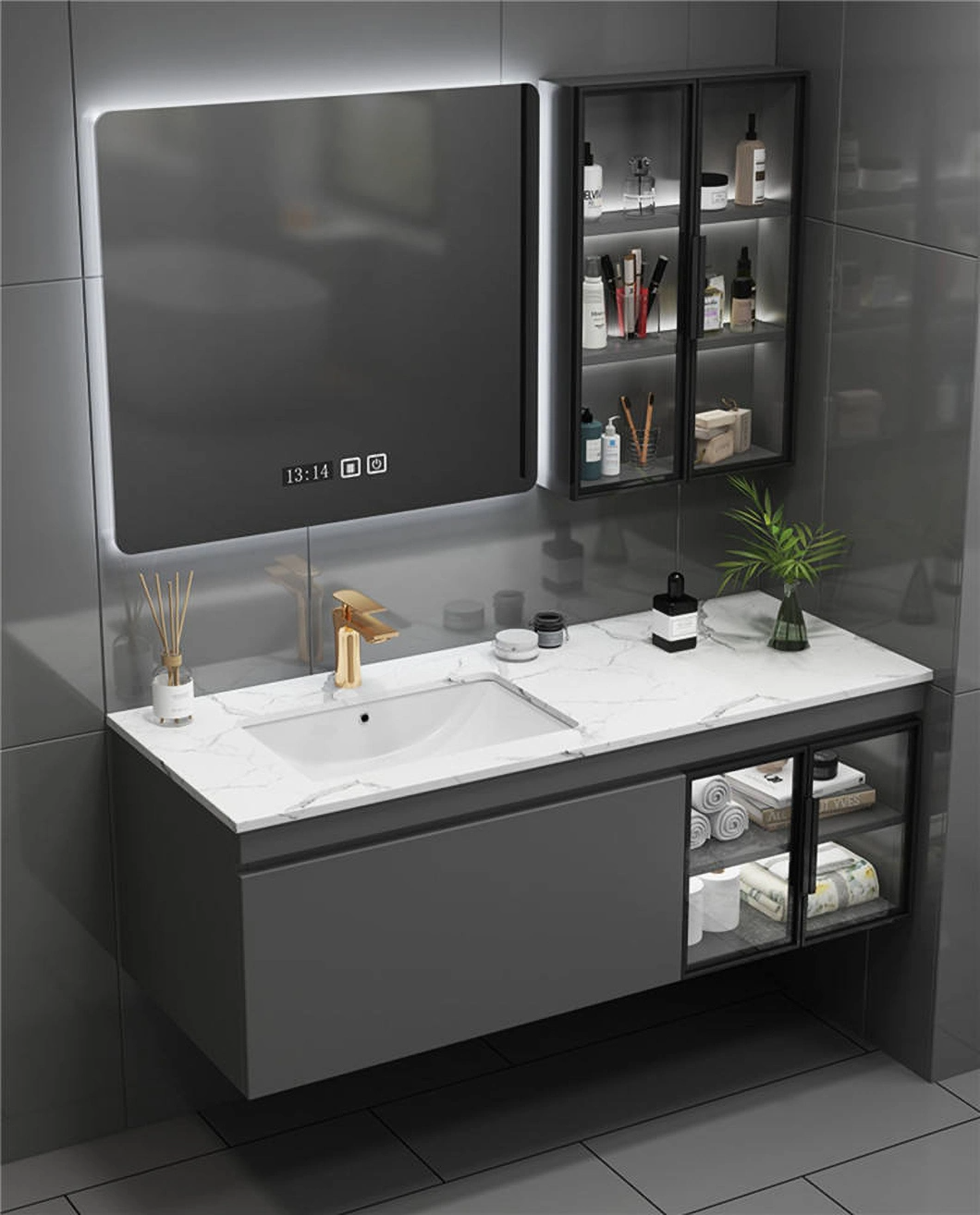 Modern Apartment Toilet Waterproof Aluminum Floating Storage Cabinet Makeup Wooden Bathroom Cabinet with Mirror