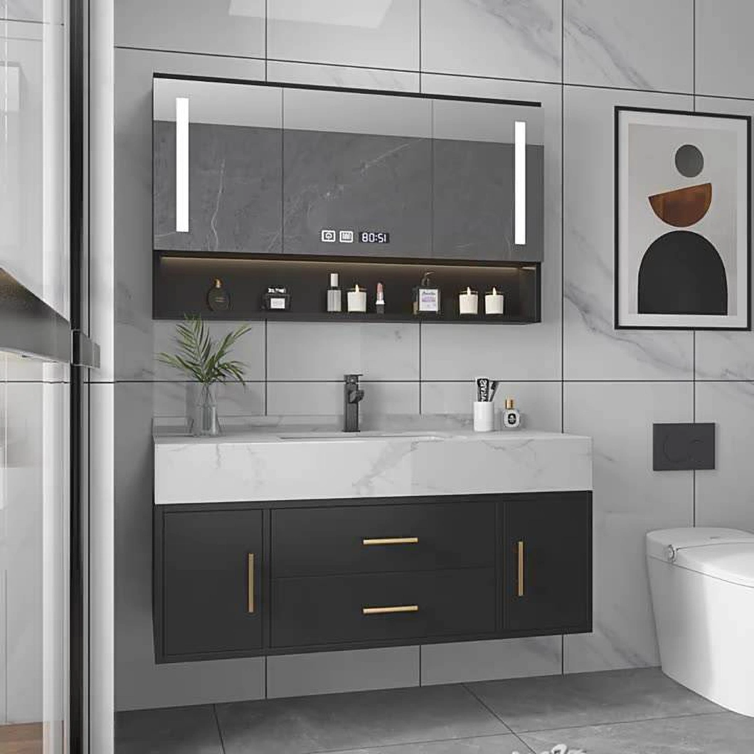 Modern Oak Bathroom Vanity Hotel Black Single Sink Small Bathroom Cabinet with Smart Mirror Cabinet