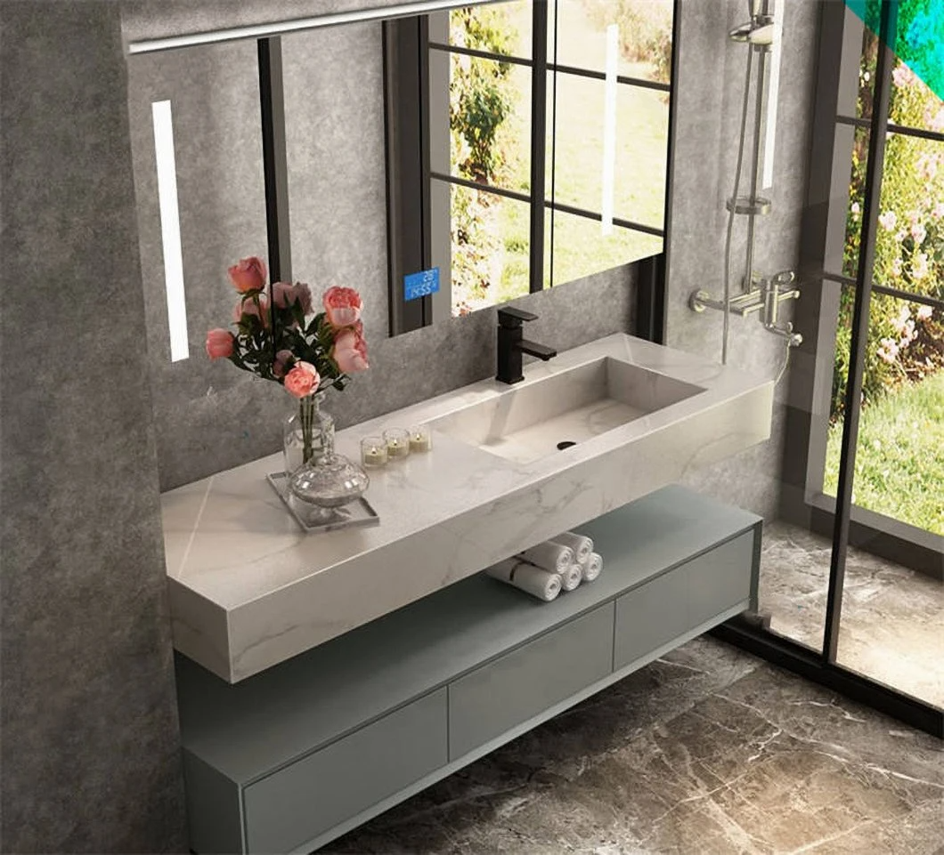 Modern Wall Mounted White Marble Bathroom Cabinet Luxury Storage Vanity with Mirror Cabinet