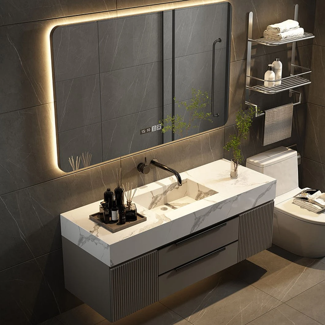 2023 New Marble Bathroom Cabinet Modern Grey Floating Solid Wood Drawer Bathroom Vanity with Mirror Cabinet