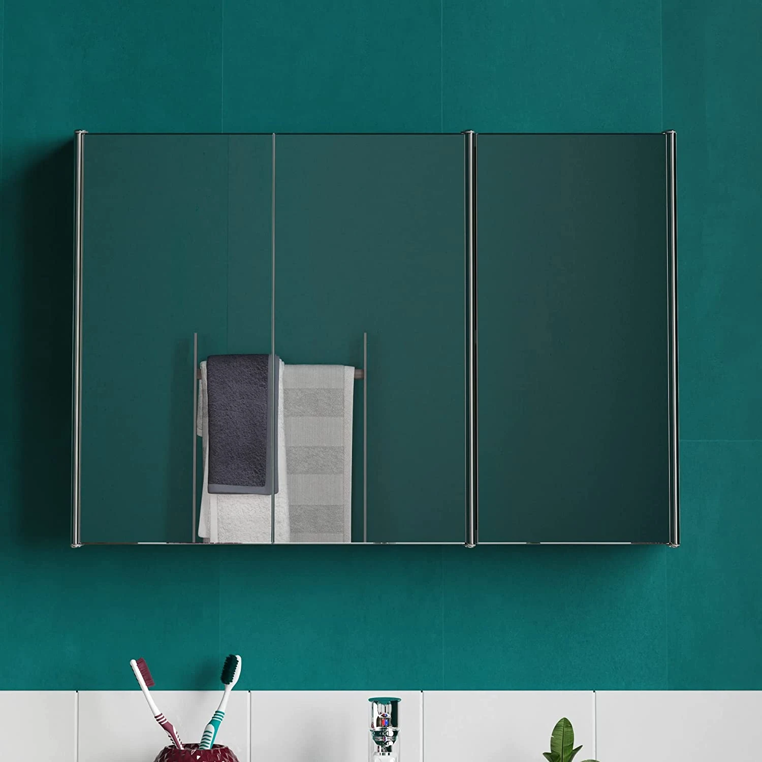 Bathroom Cabinet Triple Mirror Wall Mounted Stainless Steel Modern Storage Cupboard