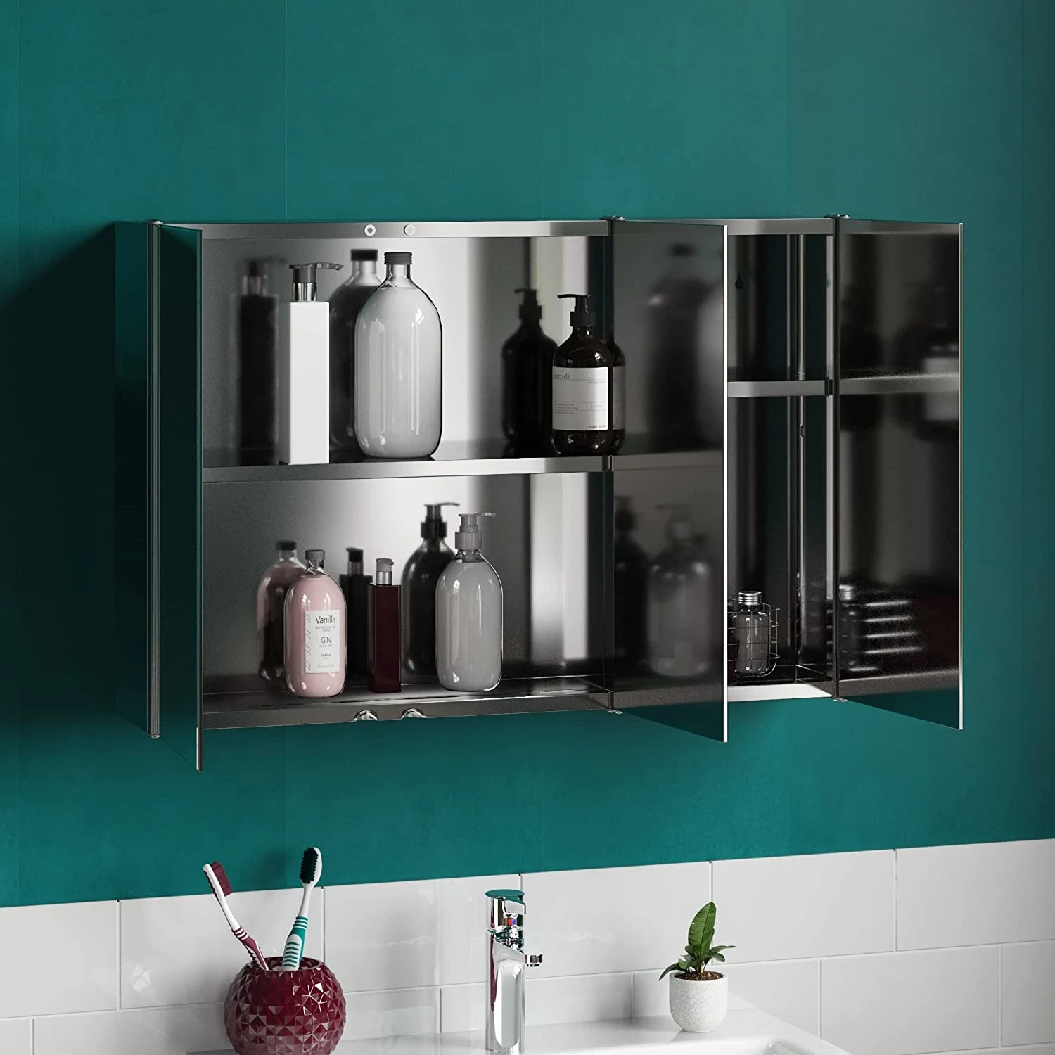 Bathroom Cabinet Triple Mirror Wall Mounted Stainless Steel Modern Storage Cupboard