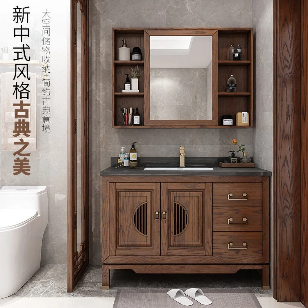 Lavatory Cabinet Tradinational Design Bathroom Vanity Solid Wood Bathroom Cabinet with Double Sink Mirror Wood Grain Hot