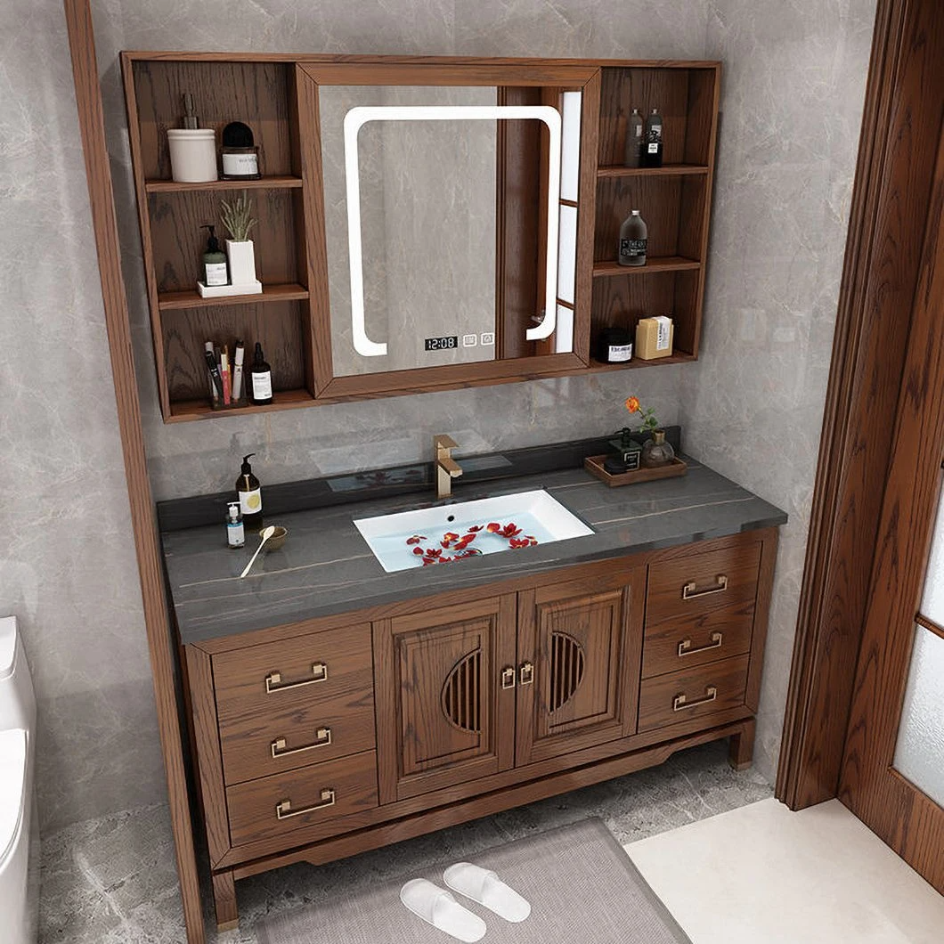 Lavatory Cabinet Tradinational Design Bathroom Vanity Solid Wood Bathroom Cabinet with Double Sink Mirror Wood Grain Hot