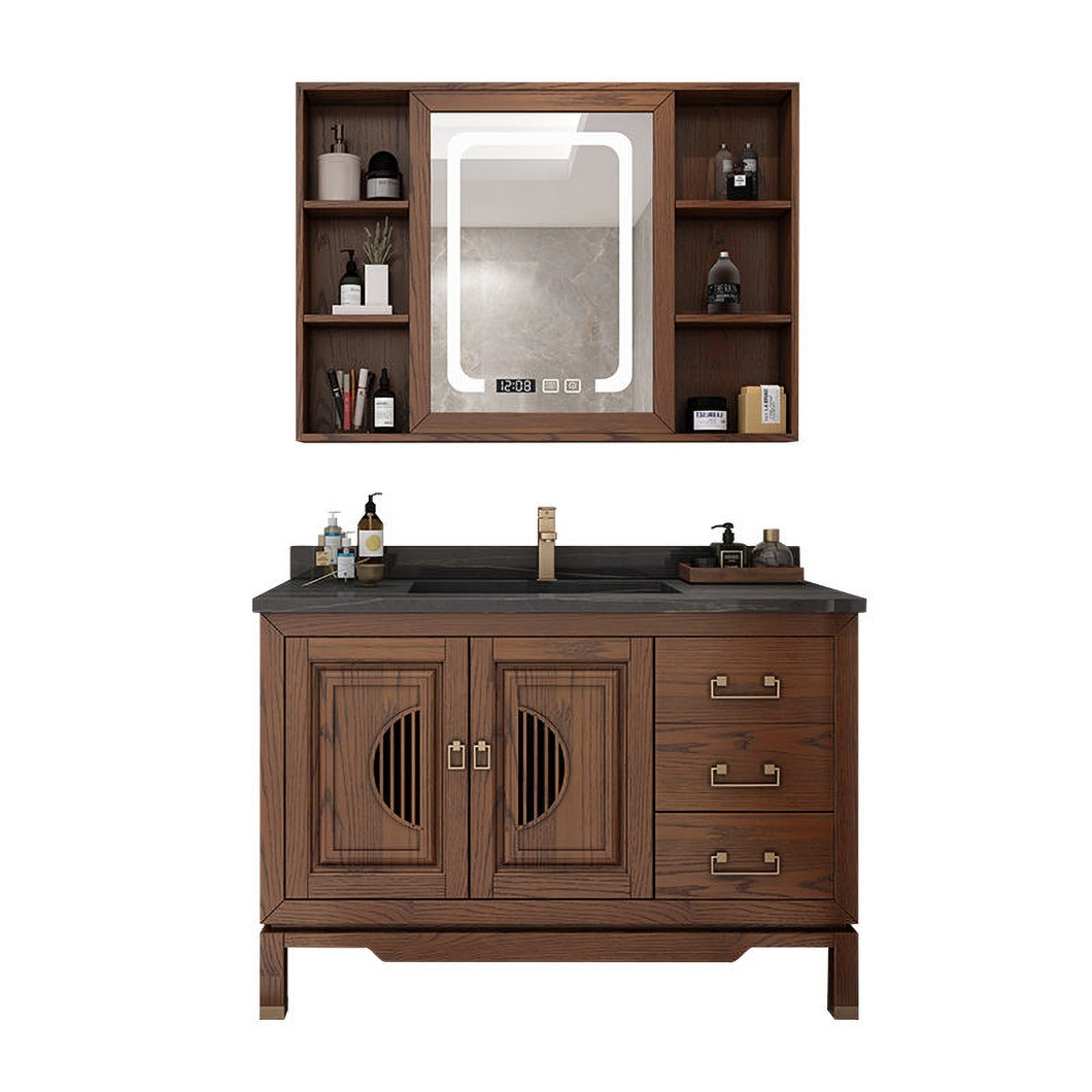 Lavatory Cabinet Tradinational Design Bathroom Vanity Solid Wood Bathroom Cabinet with Double Sink Mirror Wood Grain Hot