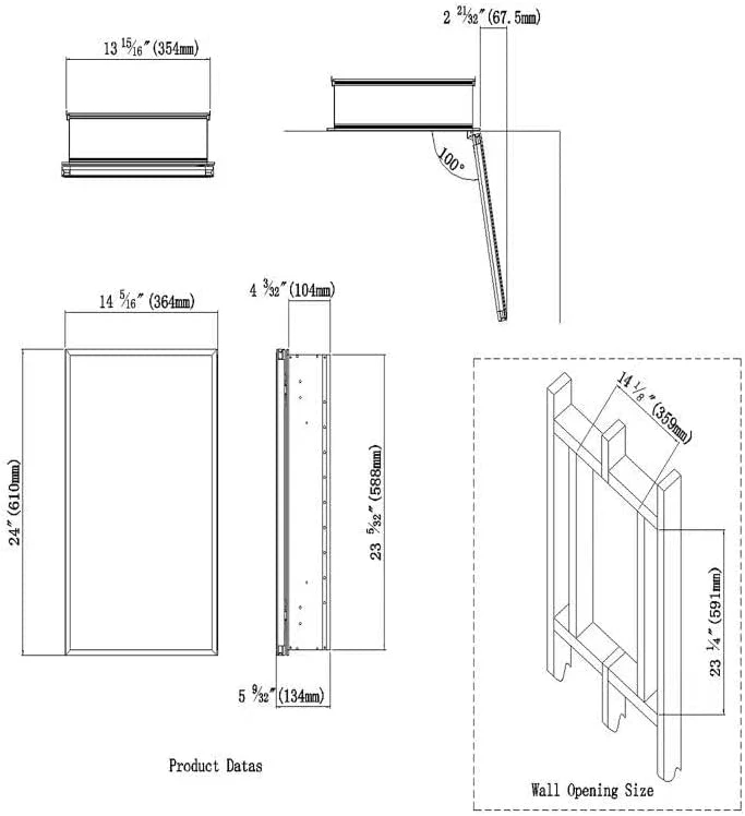 Mirror Cabinet 36 X 61 Cm Recessed or Surface Mount, Black Aluminum Bathroom Wall Cabinet with Mirror and Adjustable Shelves