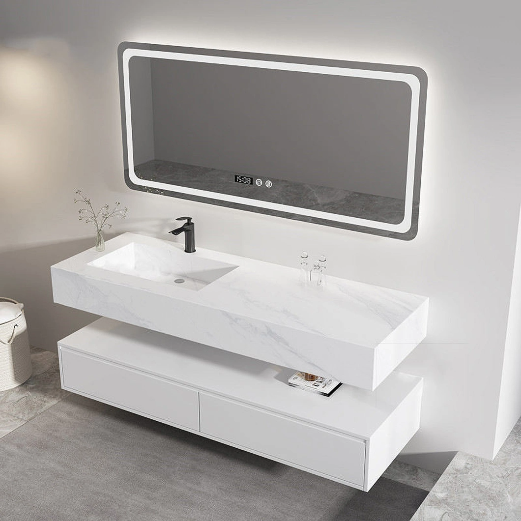 Modern Marble Countertop Single Double Sink Monobloc Bathroom Cabinet Oak Bathroom Smart Mirror Cabinet