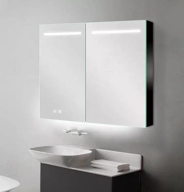 Smart Bathroom Mirror Cabinet with Digital Clock and Lighted Medicine Cabinet IP67