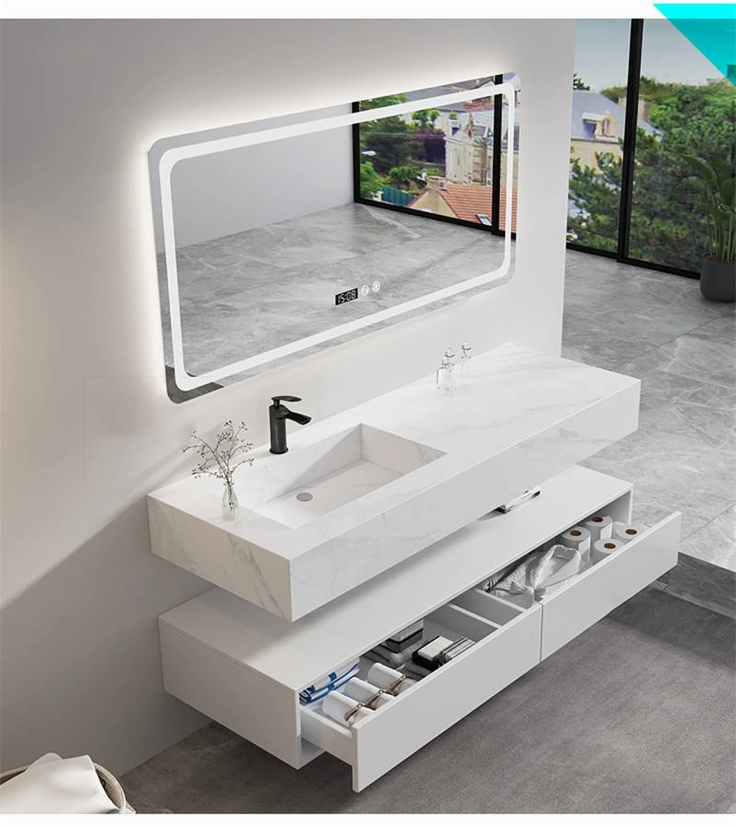 Aoclear 5001 Commercial Hot Colors One-Piece Rock Beam Double Bowl Basin Fossil Marble Bathroom Vanity Cabinet