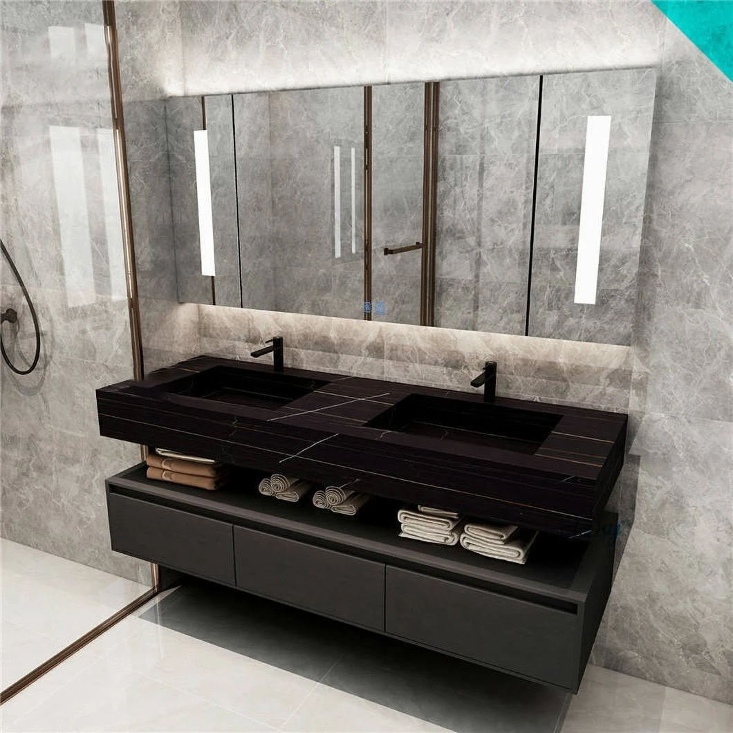 Aoclear 5001 Commercial Hot Colors One-Piece Rock Beam Double Bowl Basin Fossil Marble Bathroom Vanity Cabinet