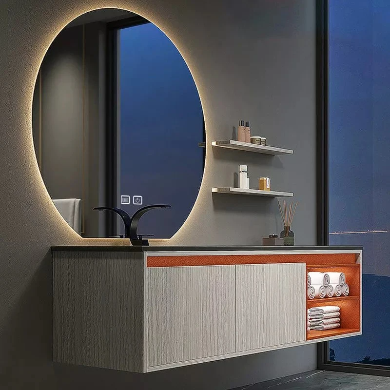 European Hot New Color Modern Cheap Bathroom Vanity with Vessel Sink LED Round Mirror