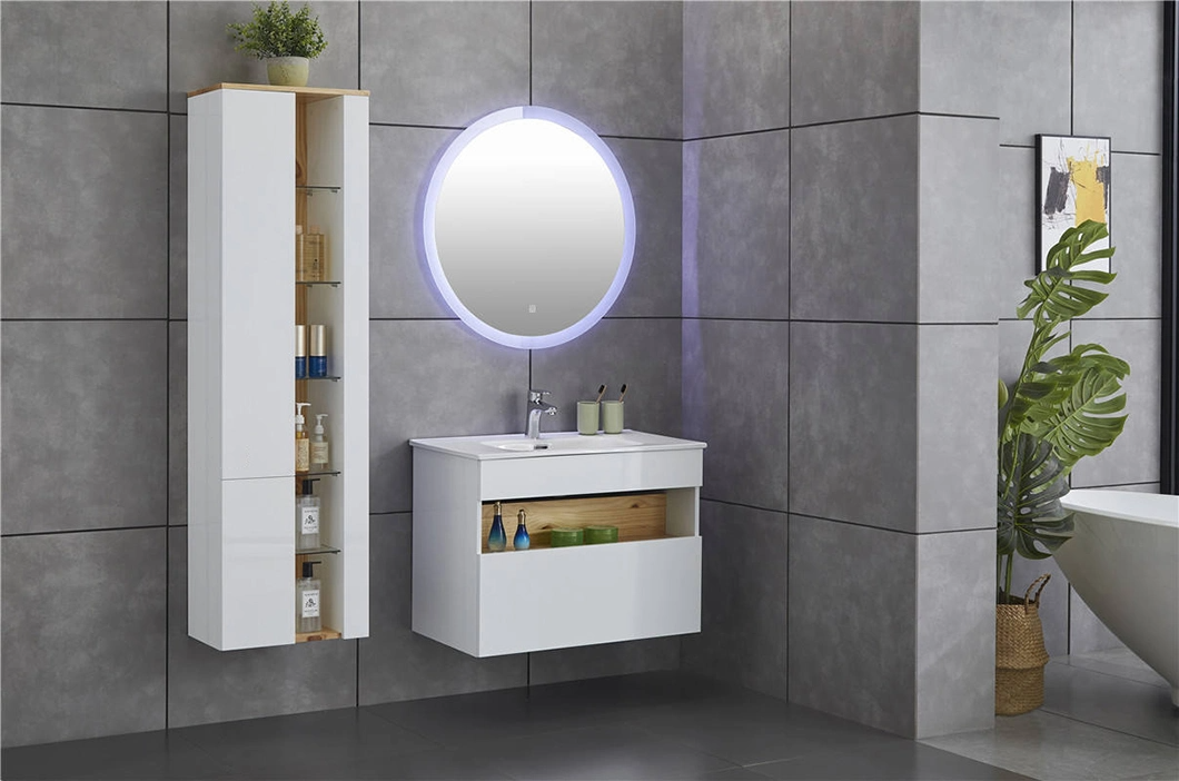 Modern High-End Custom Minimalistic Style Oak Gloss Top with Defogging Feature Mirror Cabinet Bathroom Vanity