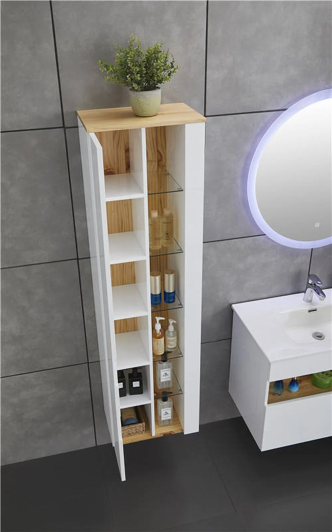 Modern High-End Custom Minimalistic Style Oak Gloss Top with Defogging Feature Mirror Cabinet Bathroom Vanity