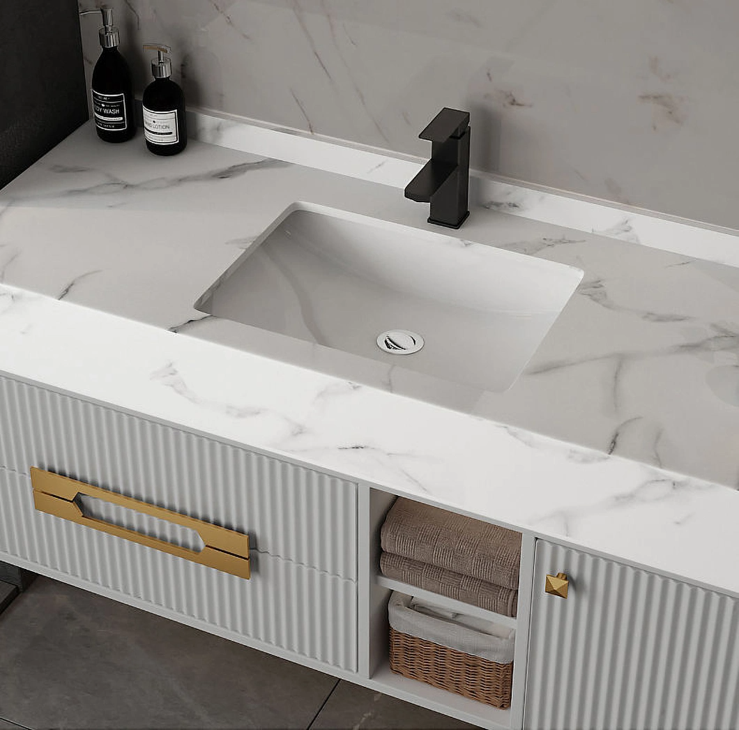 Modern Vanity Sink Gold Lines Wall Hung Cabinet Basin Single Knock Down Marble Bathroom Vanity Cabinet with Mirror Lights and Sink