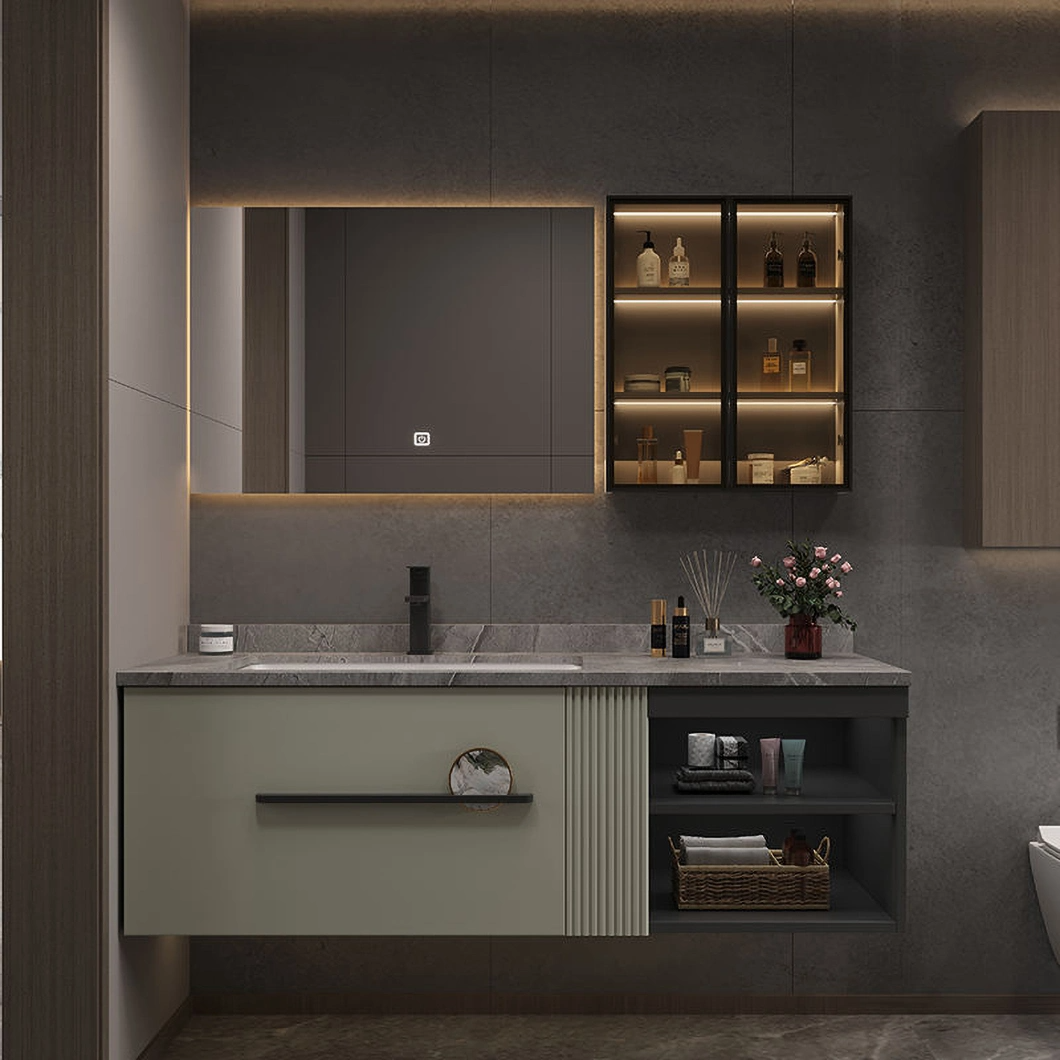 OEM Designer Custom Slate Light Luxury Gray Bathroom Hand Wash Basin Solid Wood Cabinet Bathroom Cabinet Combination