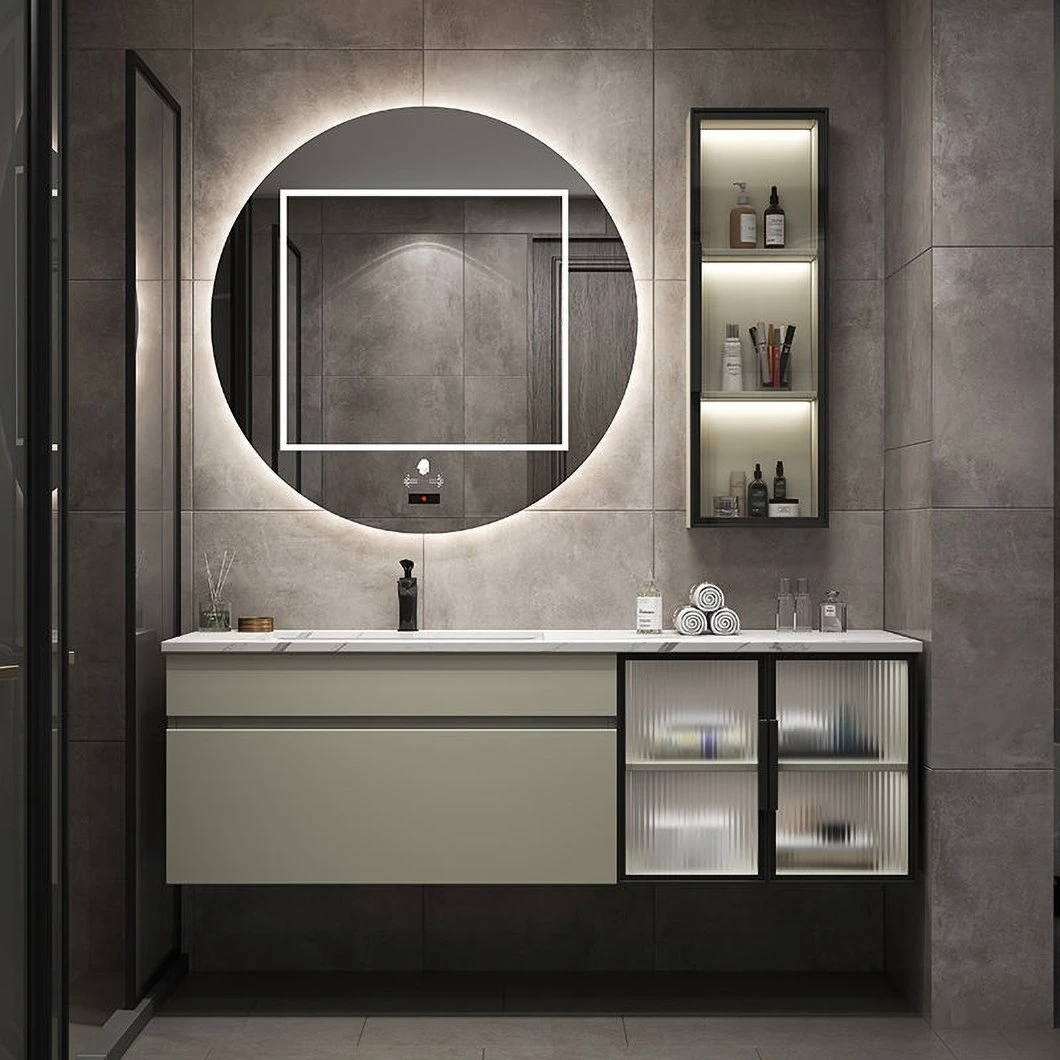 OEM Minimalist Light Luxury Smart LED Mirror Slate Ceramics Integrated Washbasin Bathroom Sink Bathroom Cabinet Combination