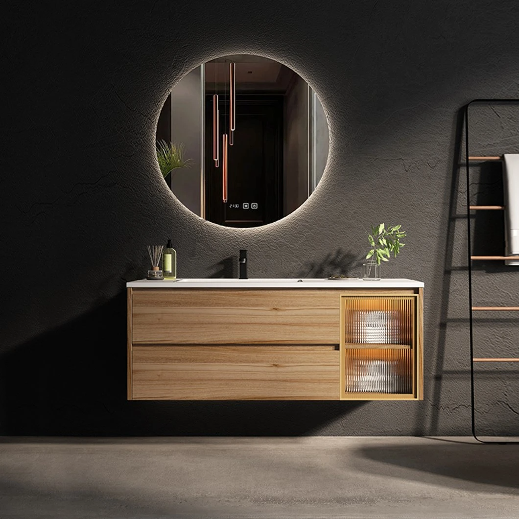 OEM Nordic Modern Log Color Round Mirror Bathroom Vanity Combination Washstand Solid Wood Bathroom Cabinet with Sink