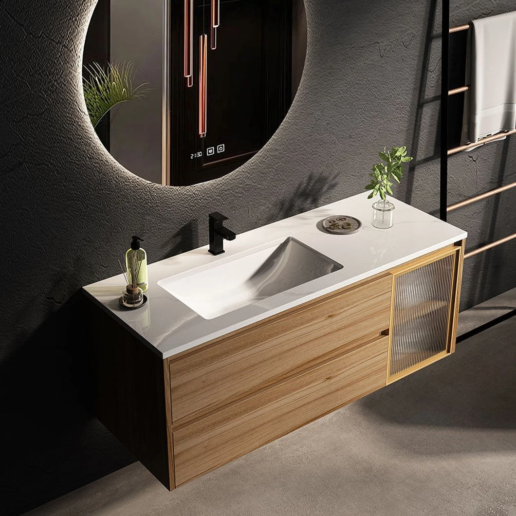 OEM Nordic Modern Log Color Round Mirror Bathroom Vanity Combination Washstand Solid Wood Bathroom Cabinet with Sink