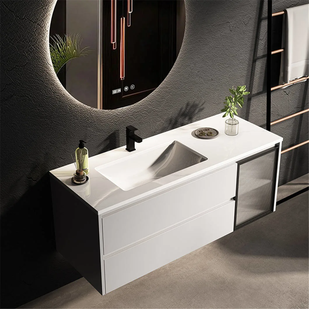 OEM Nordic Modern Style Bathroom Wash Basin Gray Single Sink Wood Bathroom Cabinet Combination with LED Mirror Cabinet