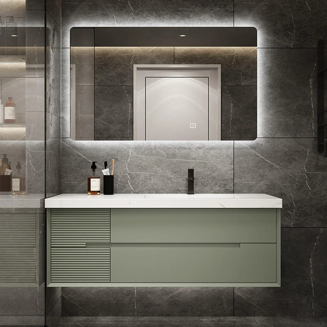 OEM Custom Marble Slate Light Luxury Minimalist Solid Wood Bathroom Washbasin Bathroom Vanity Cabinet with LED Mirror