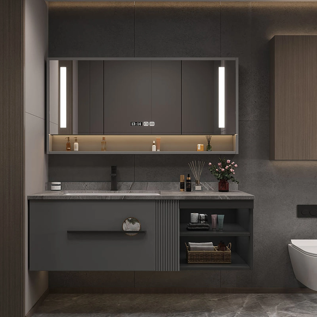 OEM Designer Custom Slate Light Luxury Gray Bathroom Hand Wash Basin Solid Wood Cabinet Bathroom Cabinet Combination