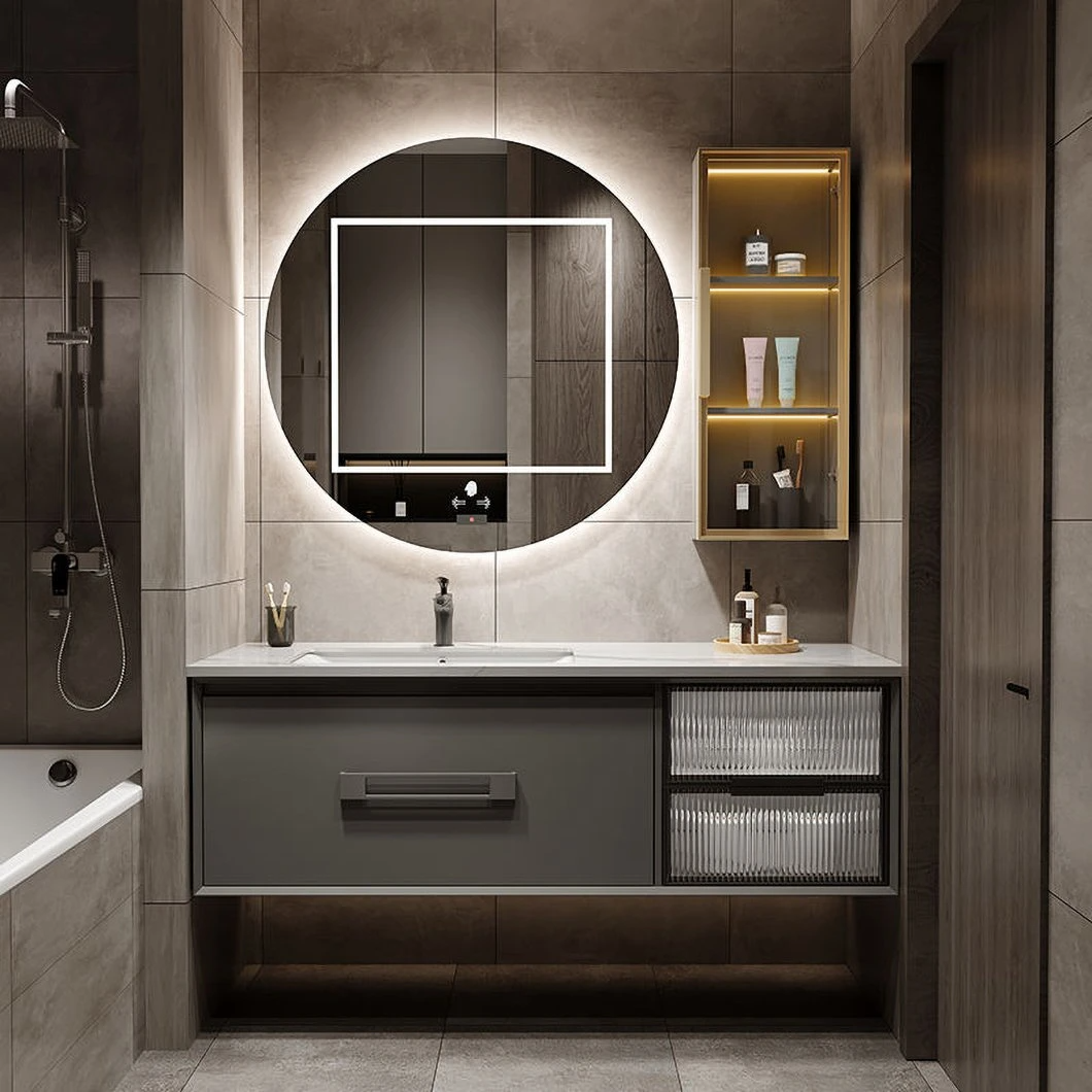 OEM Minimalist Light Luxury Smart LED Mirror Slate Ceramics Integrated Washbasin Bathroom Sink Bathroom Cabinet Combination