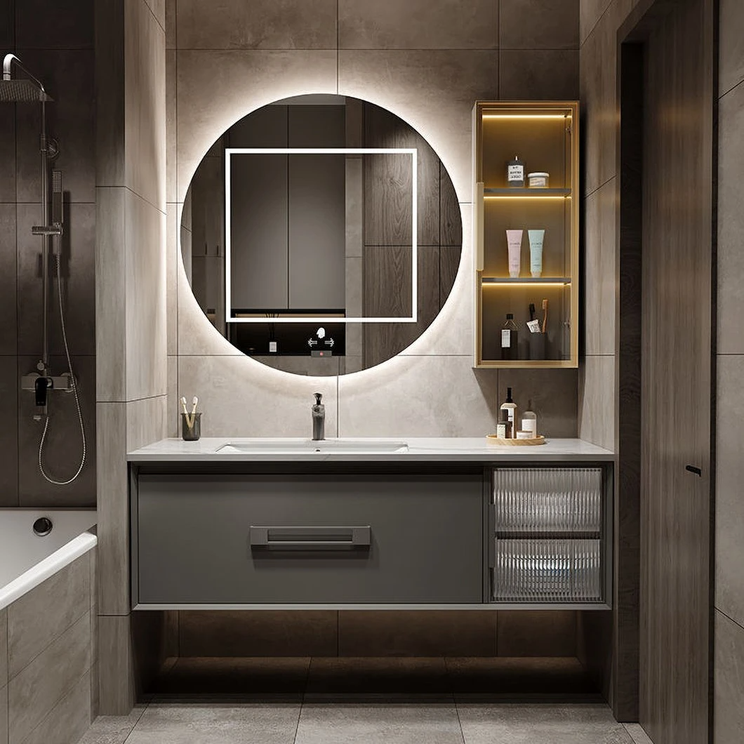 OEM Minimalist Light Luxury Smart LED Mirror Slate Ceramics Integrated Washbasin Bathroom Sink Bathroom Cabinet Combination