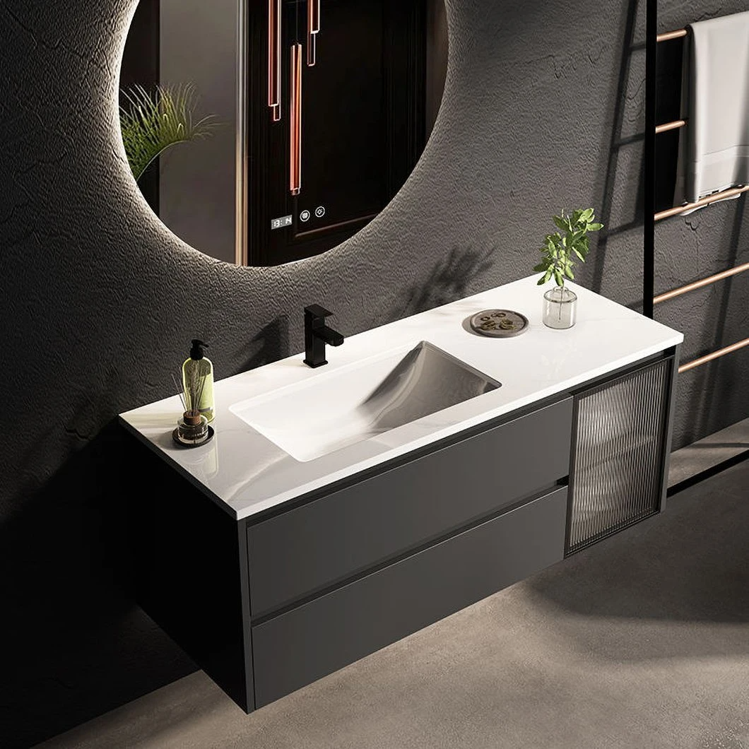 OEM Nordic Modern Style Bathroom Wash Basin Gray Single Sink Wood Bathroom Cabinet Combination with LED Mirror Cabinet