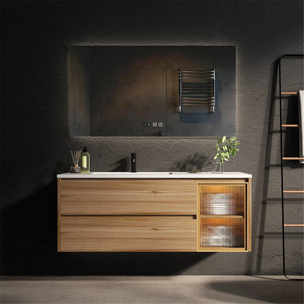 OEM Nordic Modern Style Bathroom Wash Basin Gray Single Sink Wood Bathroom Cabinet Combination with LED Mirror Cabinet