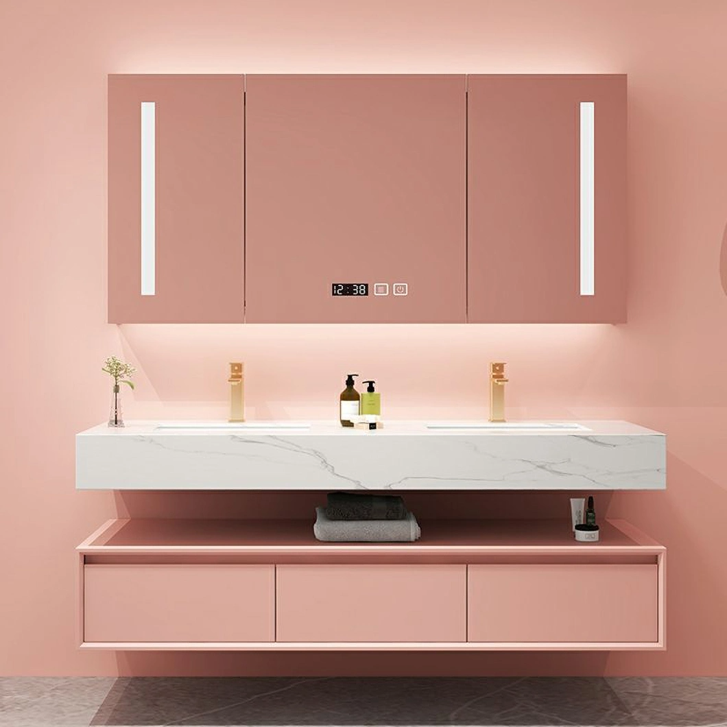 Pink High Gloss Long Slim Mirrored Painting Solid Wood Wc Unit Integrated Sink Built in Cupboard Bathroom Vanities Storage Cabinet