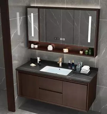 Solid Wood Mirrored Cabinets Bathroom Washbasin Modern Design for Hotel Apartment