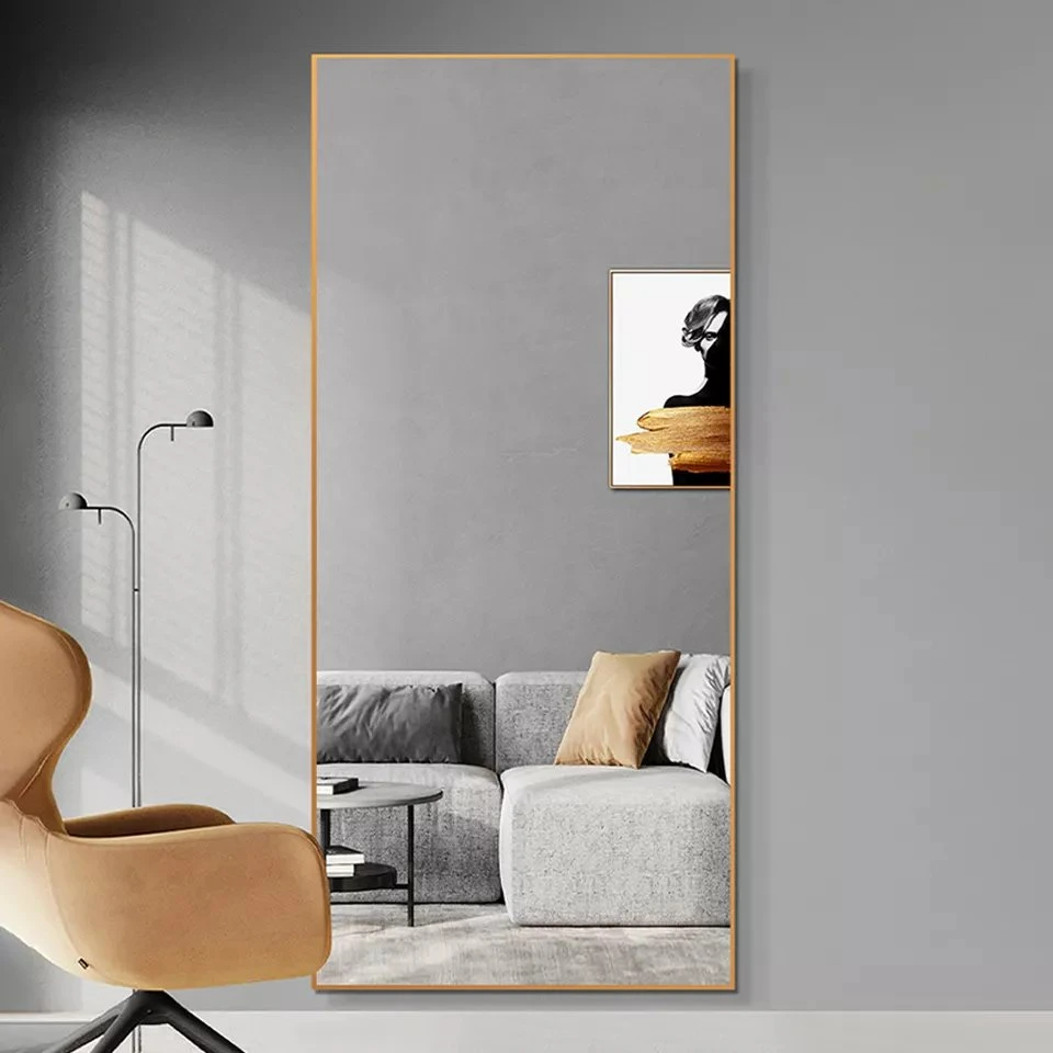 Explosion-Proof Big Wall Mirrors Full Length Bedroom Aluminum-Framed Floor Stand Gold Mirror