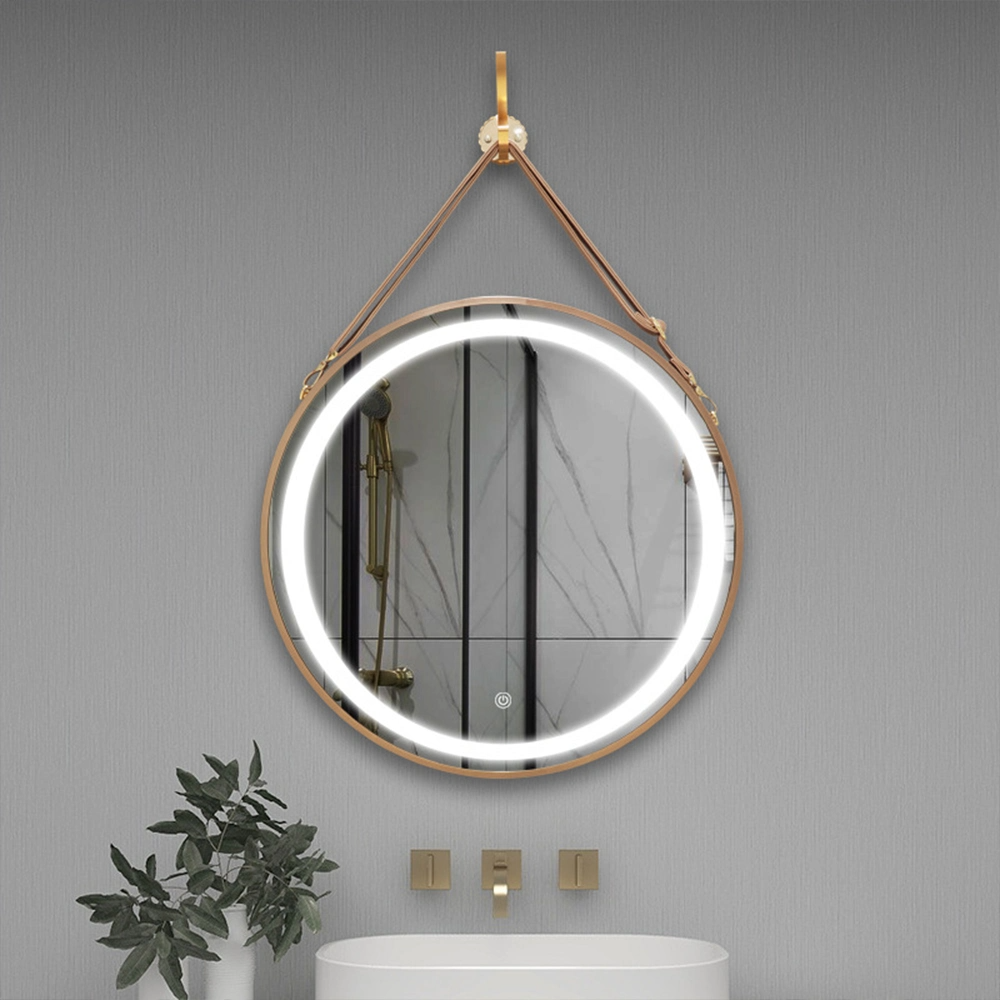 Vanity Round LED Leather Belt Mirror Hanging LED Smart Mirror Wall Mirror Home Decoration Bluetooth Makeup Mirror Bathroom Accessories Salon Furniture