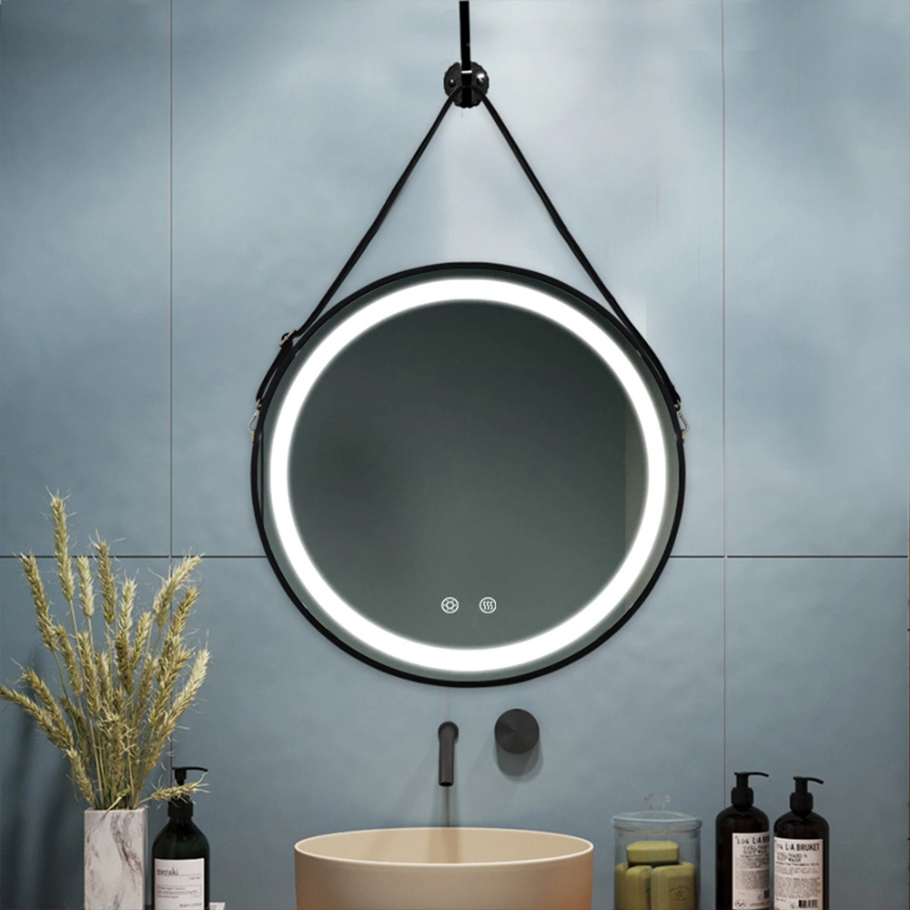 Vanity Round LED Leather Belt Mirror Hanging LED Smart Mirror Wall Mirror Home Decoration Bluetooth Makeup Mirror Bathroom Accessories Salon Furniture