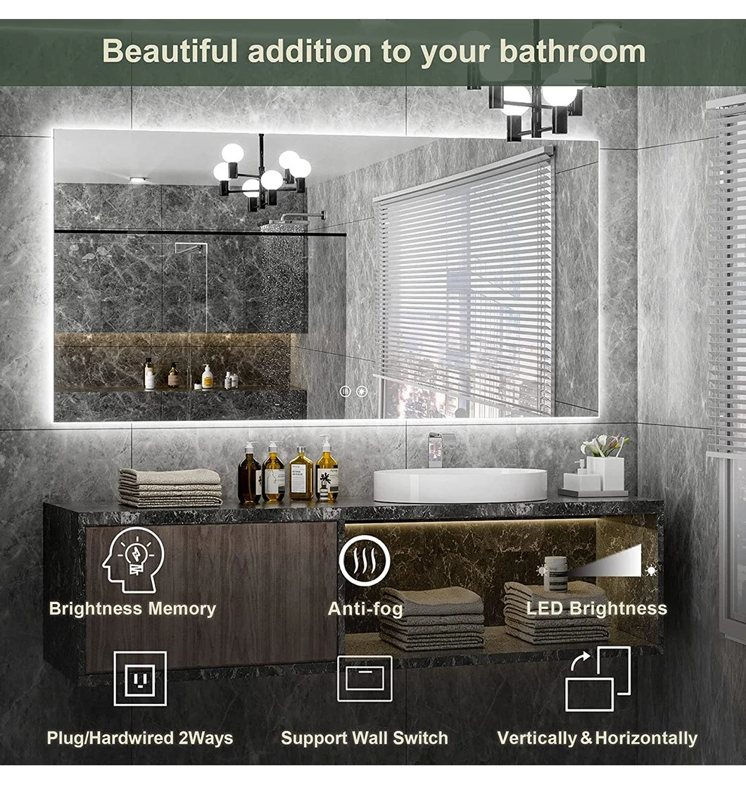 Home Decoration Wall Mounted Bathroom Bluetooth Touch Sensor Rectangular LED Mirror Glass