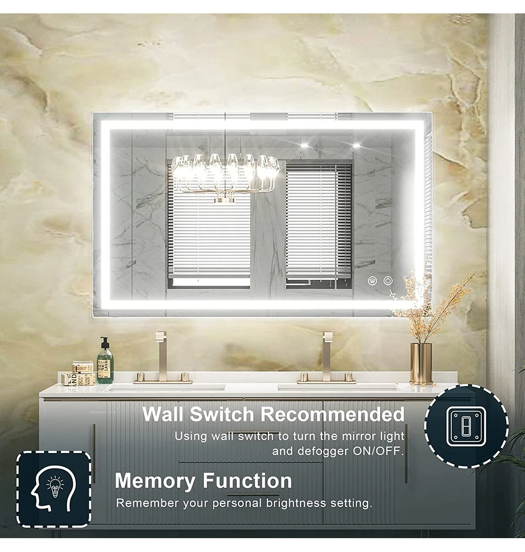 Home Decoration Wall Mounted Bathroom Bluetooth Touch Sensor Rectangular LED Mirror Glass