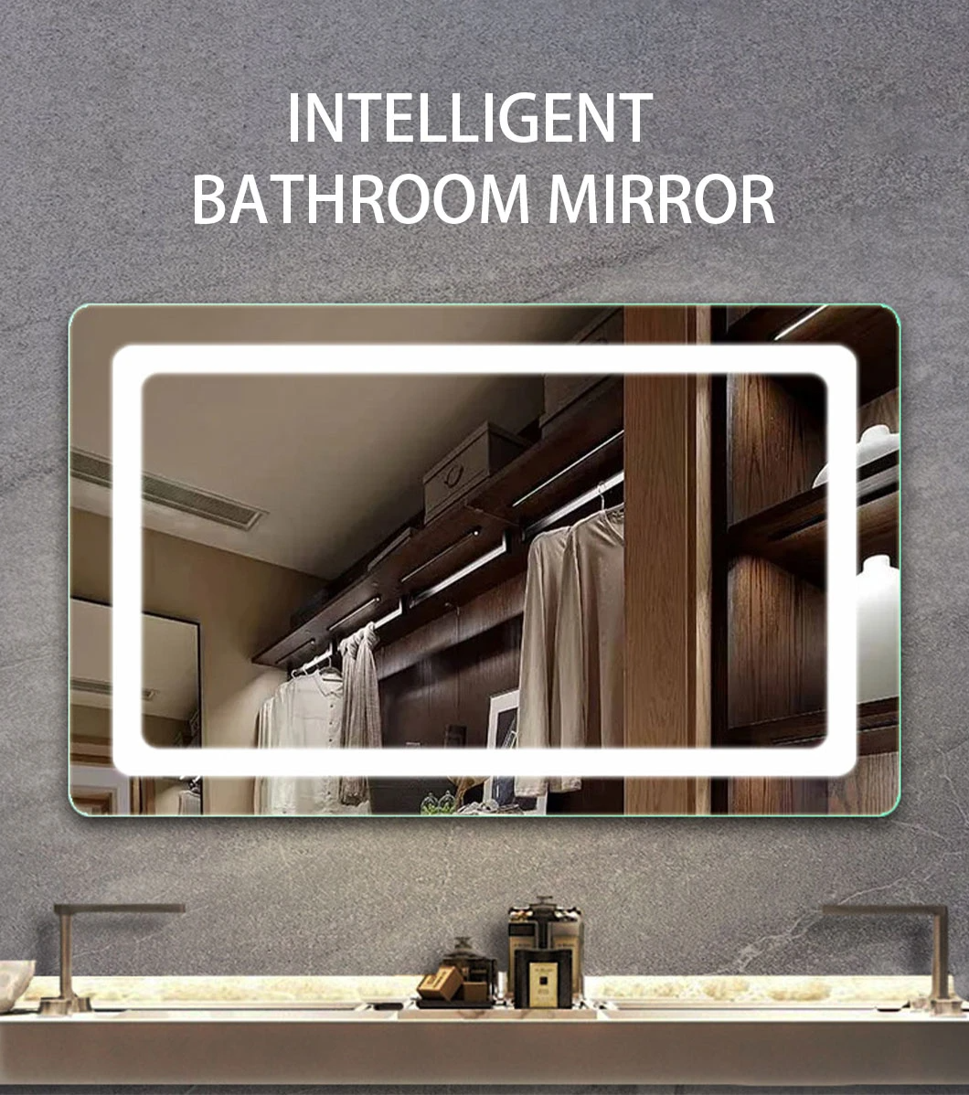 Hotel Smart Frameless Touch Screen Dimmer Lights Contemporary Bathroom LED Backlit Mirror