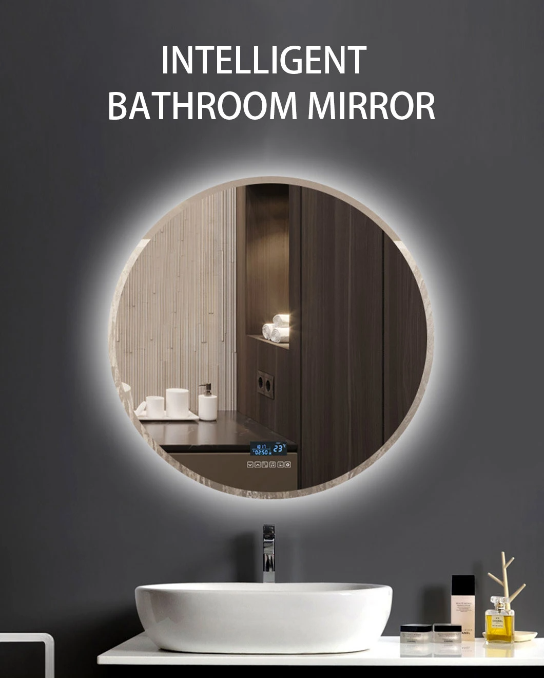 Customized Waterproof Fogless Backlit Bunnings Small Round Farmhouse Bathroom Mirror