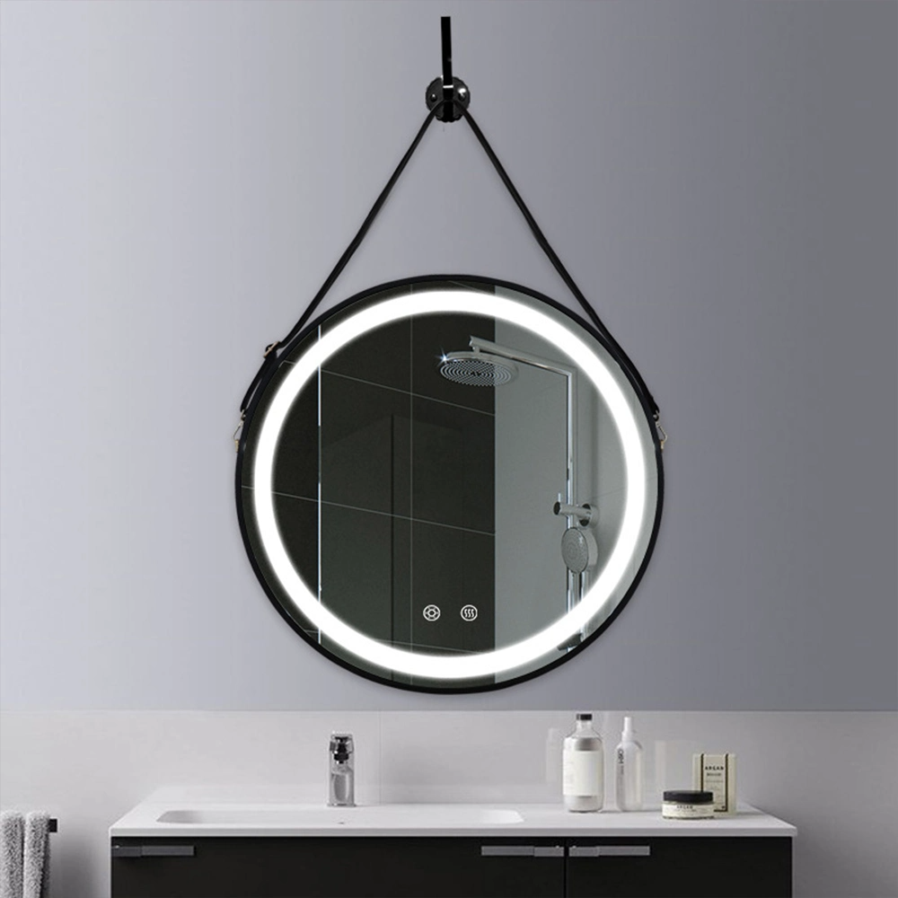 PU Round Wall Mirror with Leather Strap